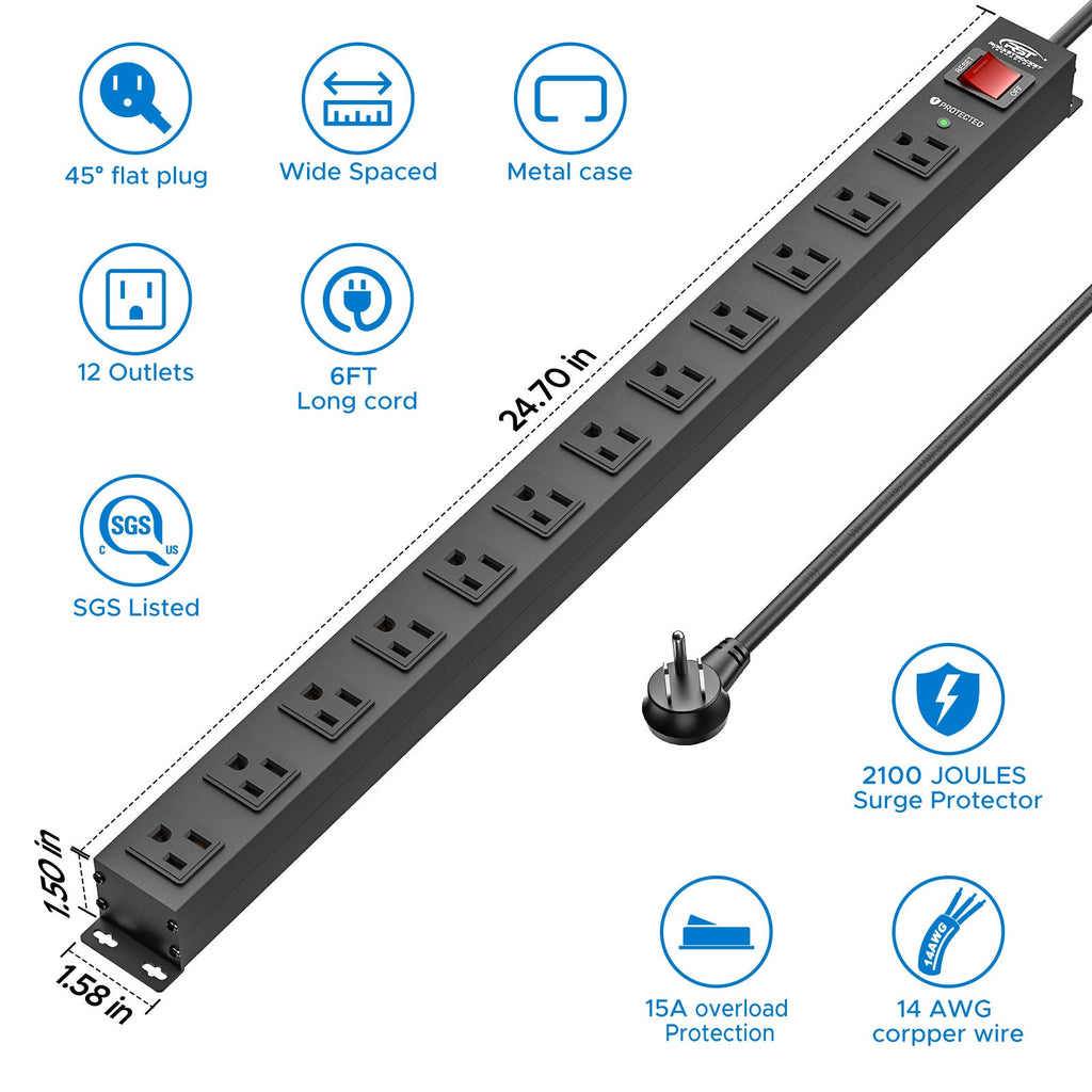 CRST 12-Outlet Metal Surge Protector Power Strip — Mountable, 2100J, 6FT/15FT Cord-1
