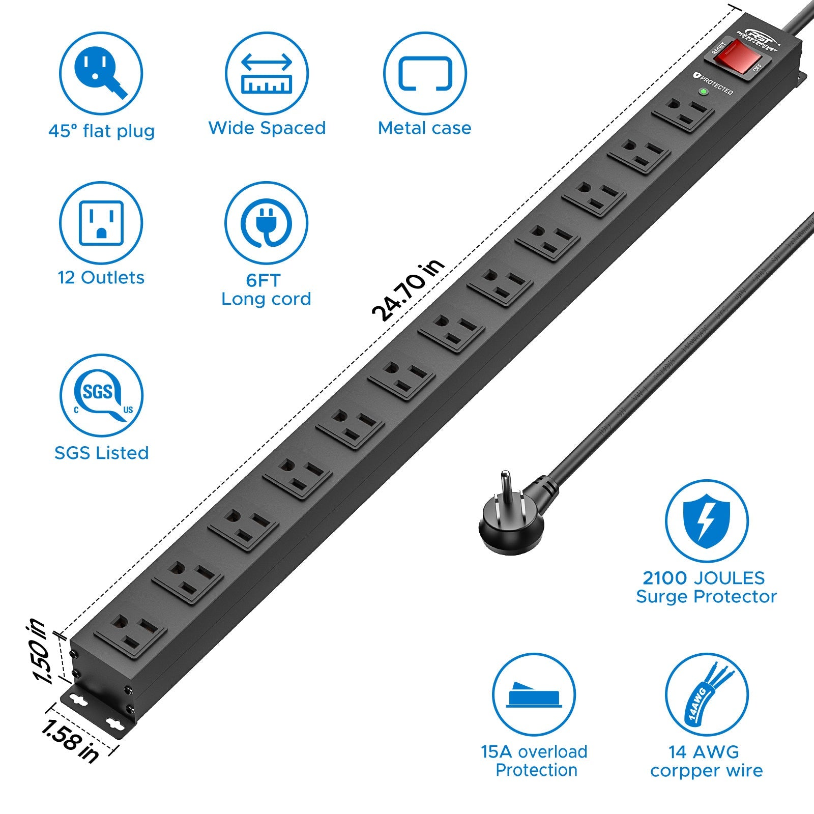 CRST 12-Outlet Metal Surge Protector Power Strip — Mountable, 2100J, 6FT/15FT Cord-1