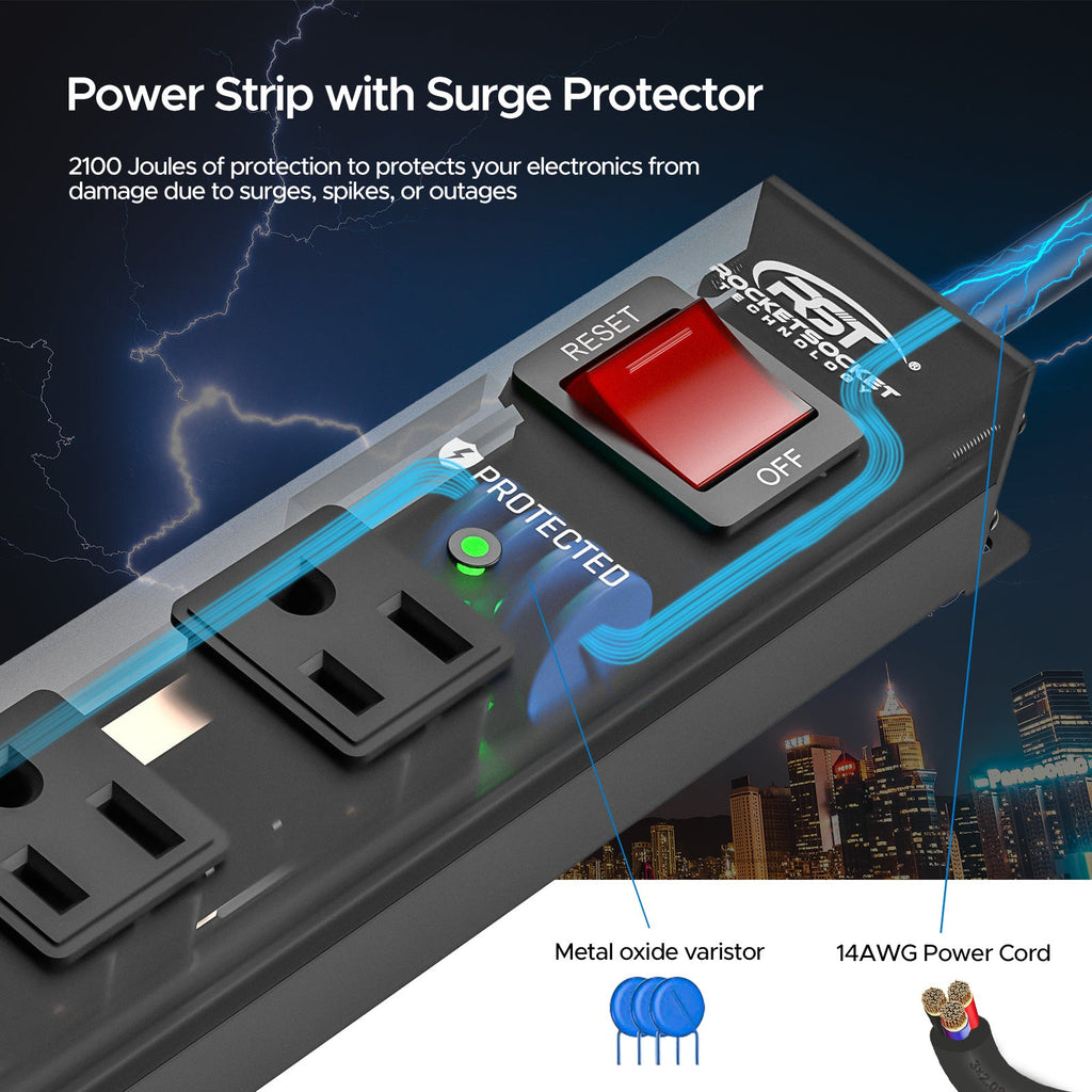 CRST 12-Outlet Metal Surge Protector Power Strip — Mountable, 2100J, 6FT/15FT Cord-3