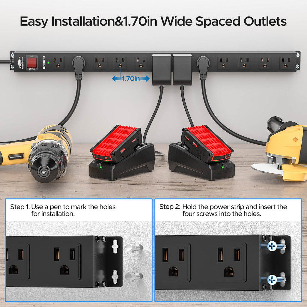 CRST 12-Outlet Metal Surge Protector Power Strip — Mountable, 2100J, 6FT/15FT Cord-2