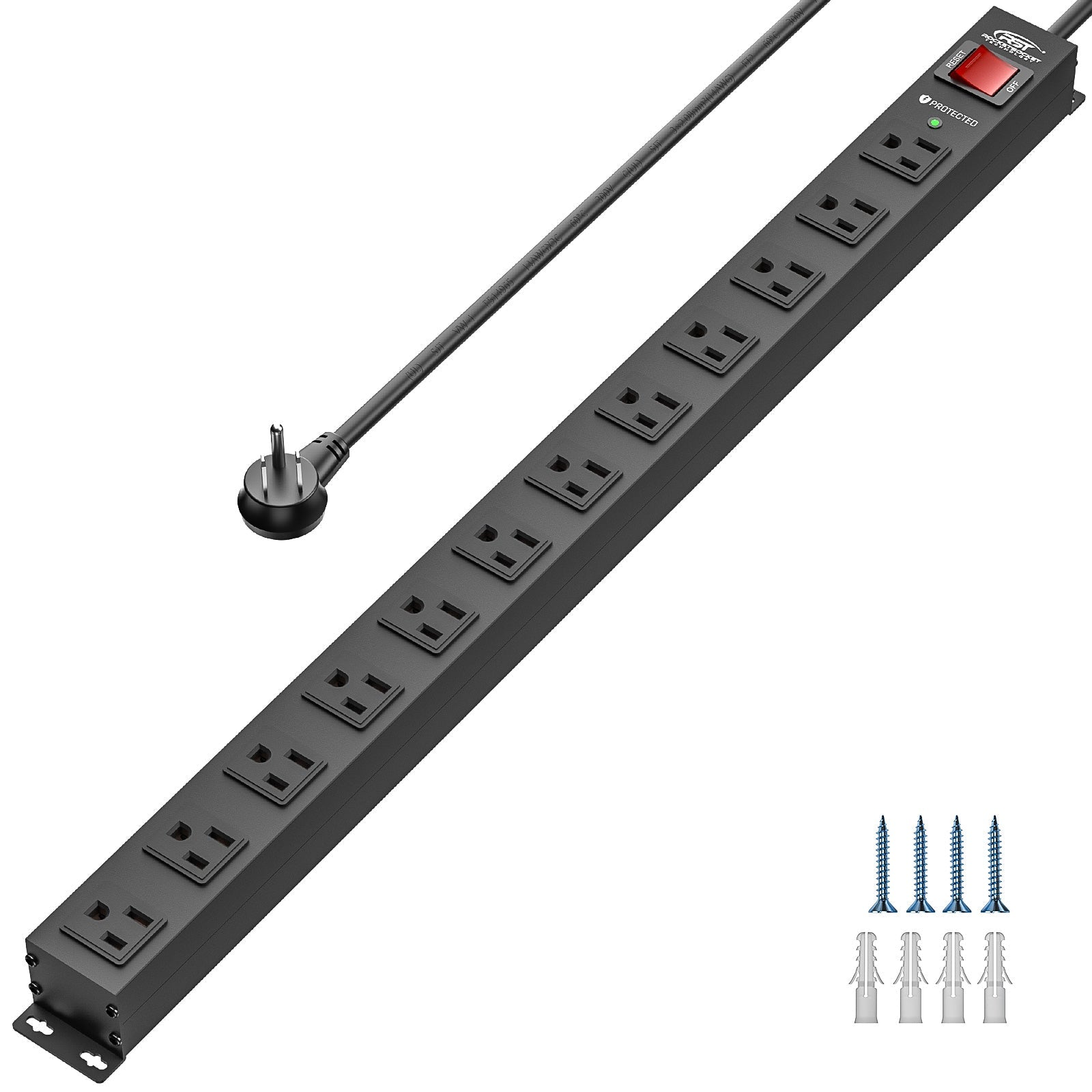 CRST 12-Outlet Metal Surge Protector Power Strip — Mountable, 2100J, 6FT/15FT Cord-0