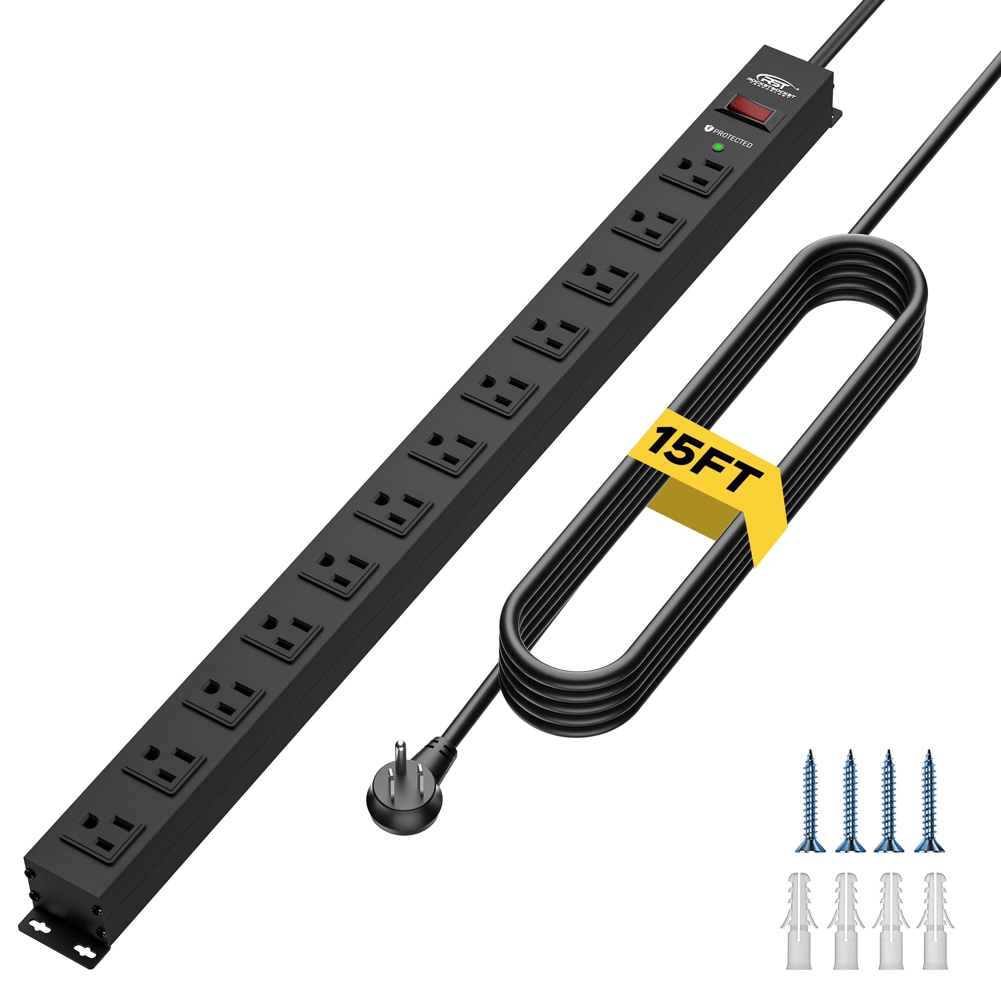 CRST 12-Outlet Metal Surge Protector Power Strip — Mountable, 2100J, 6FT/15FT Cord-5
